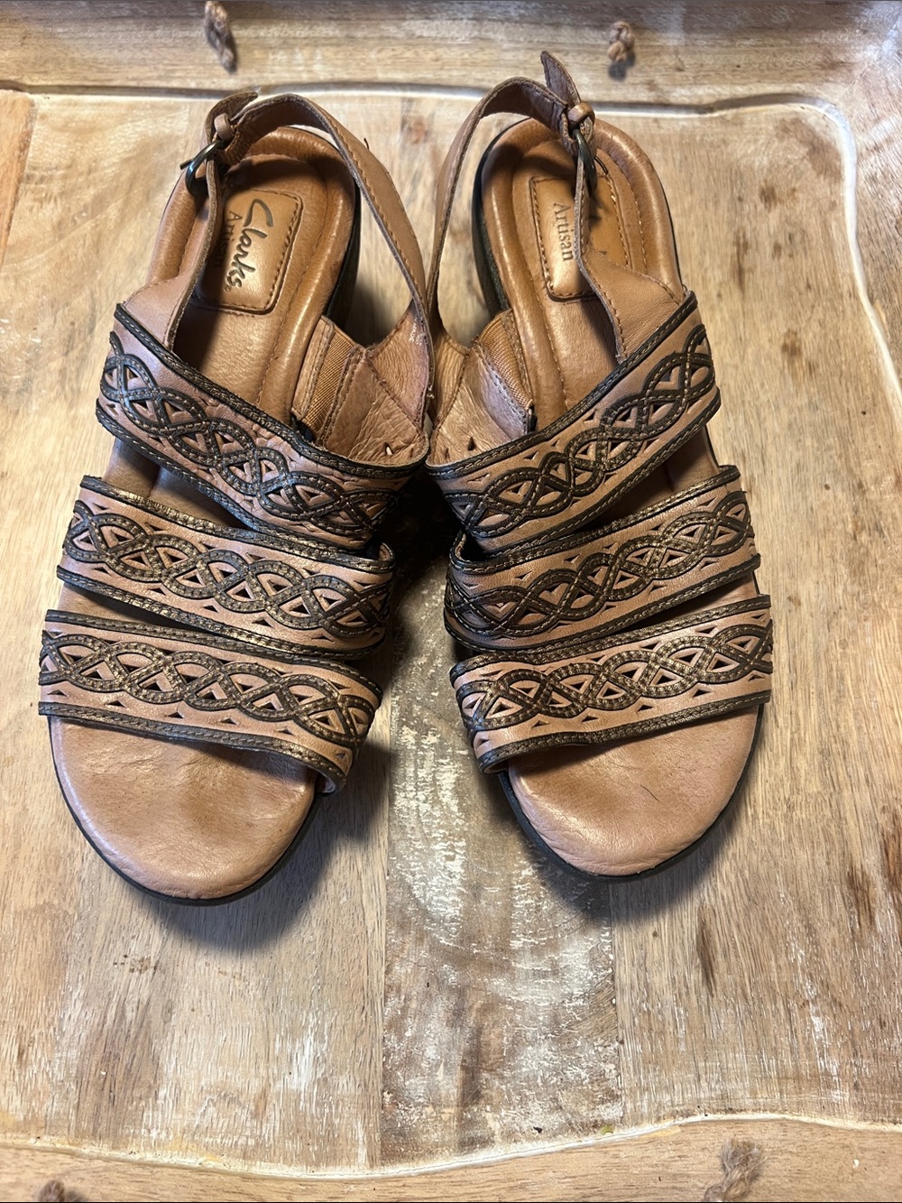 Clarks Tan Leather Braided Strap Slingback Sandals